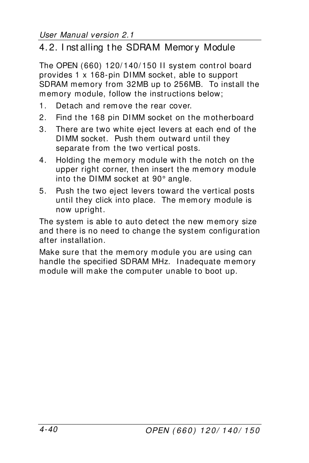 Intel OPEN (660) 120/140/150 II user manual Installing the Sdram Memory Module 