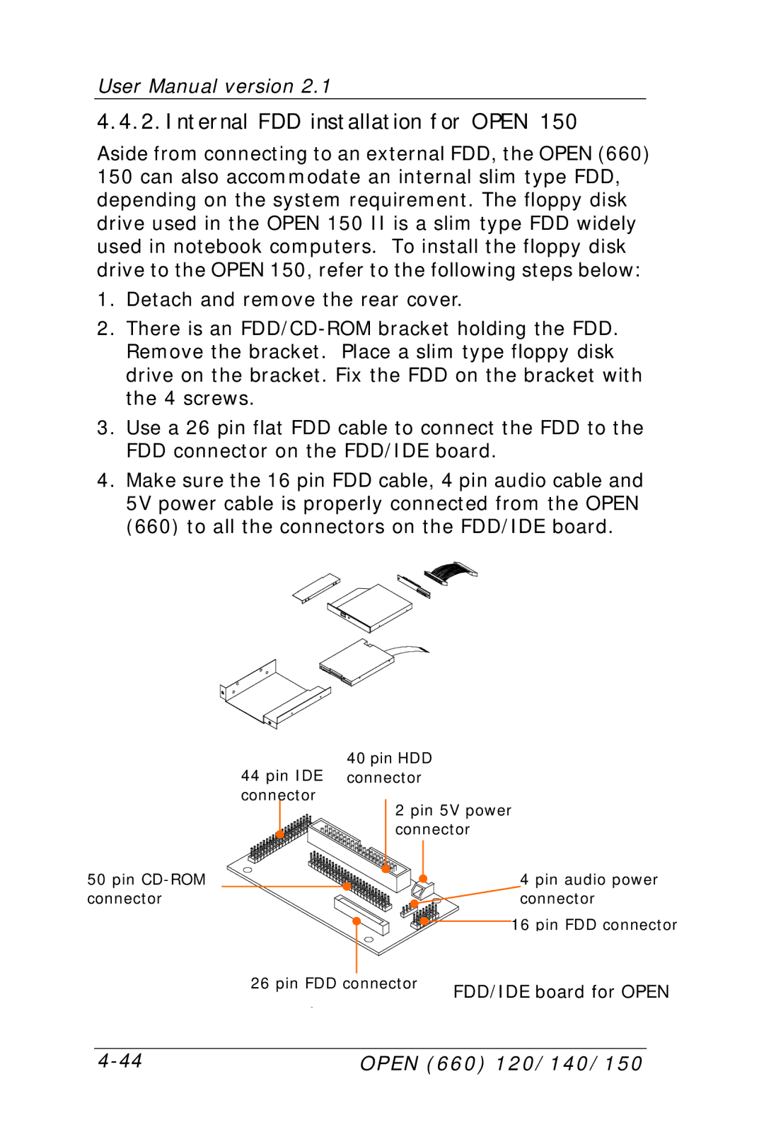 Intel OPEN (660) 120/140/150 II user manual Internal FDD installation for Open 