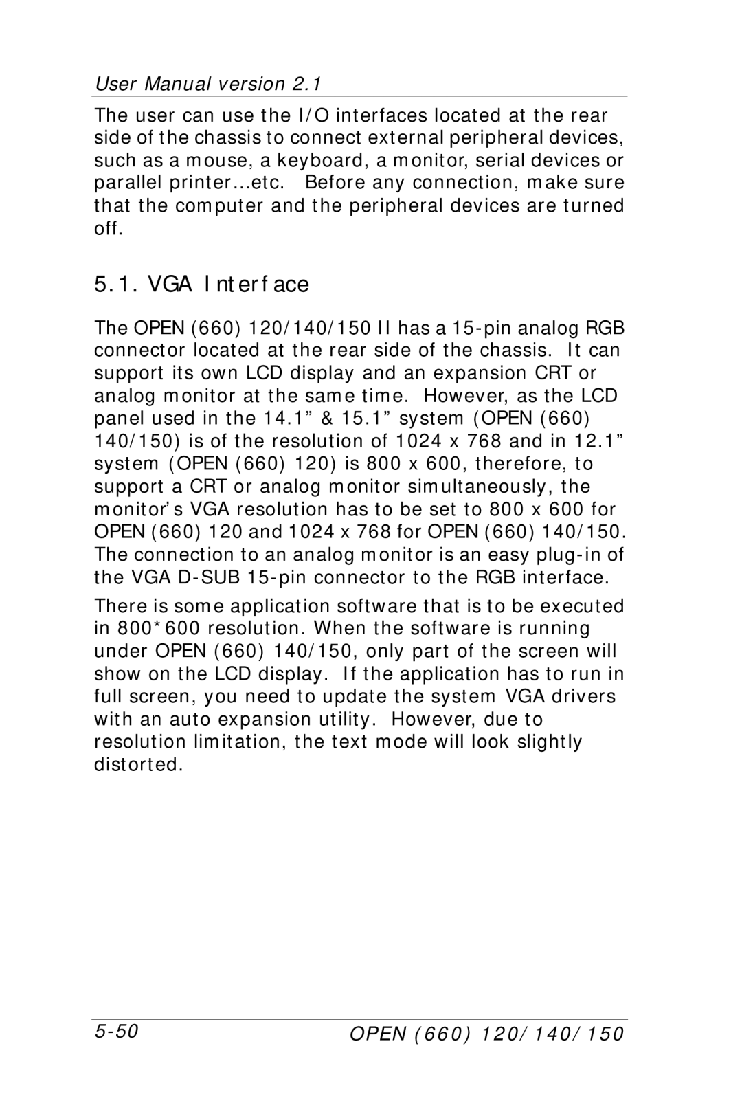 Intel OPEN (660) 120/140/150 II user manual VGA Interface 