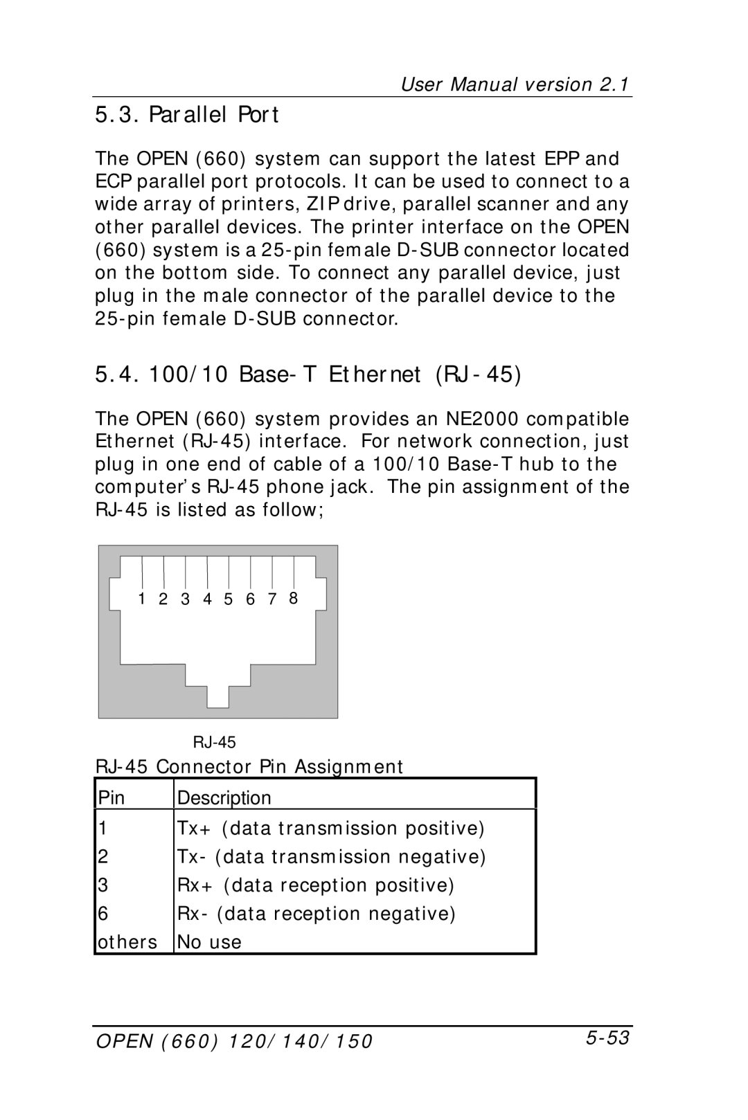 Intel OPEN (660) 120/140/150 II user manual Parallel Port, Base-T Ethernet RJ-45, Pin Description 