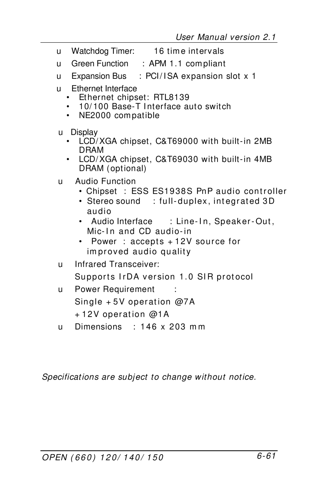 Intel OPEN (660) 120/140/150 II user manual Ethernet Interface, Display, Audio Function, Infrared Transceiver 