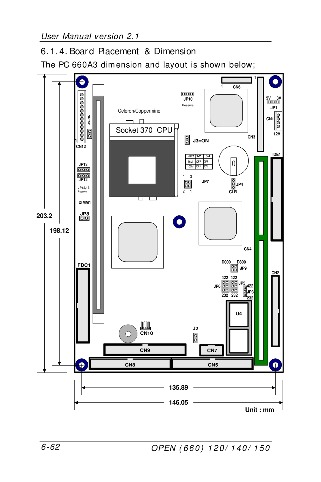 Intel OPEN (660) 120/140/150 II user manual Board Placement & Dimension, PC 660A3 dimension and layout is shown below 