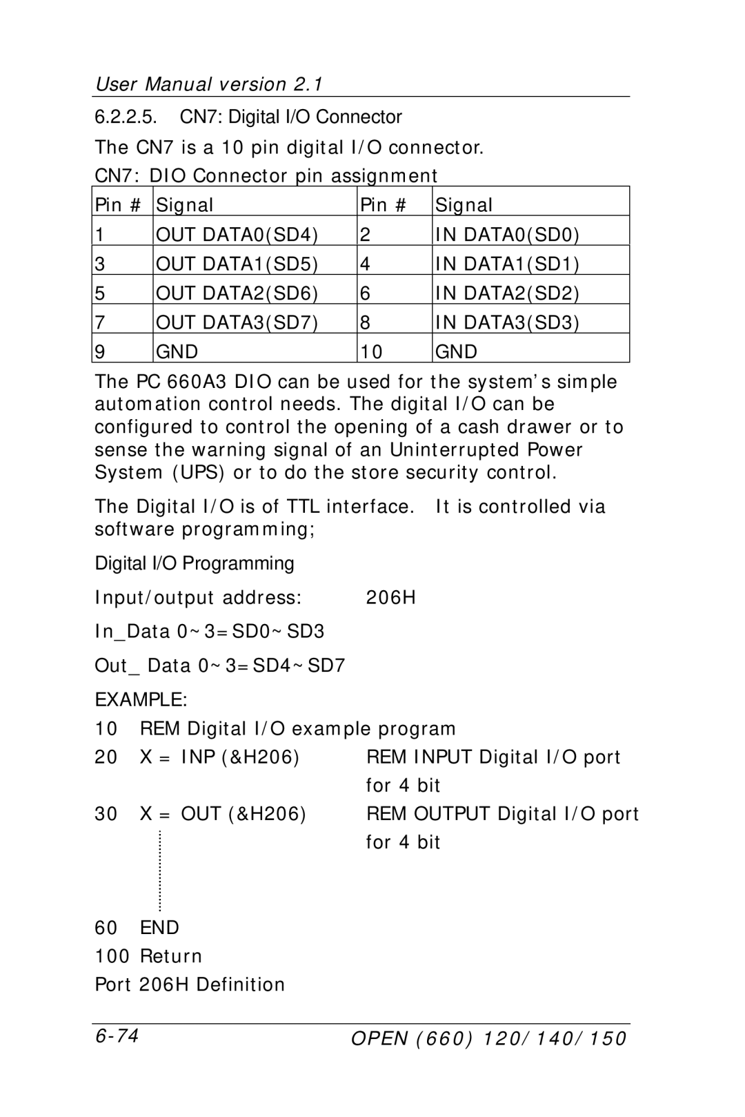 Intel OPEN (660) 120/140/150 II user manual Digital I/O Programming, Example 