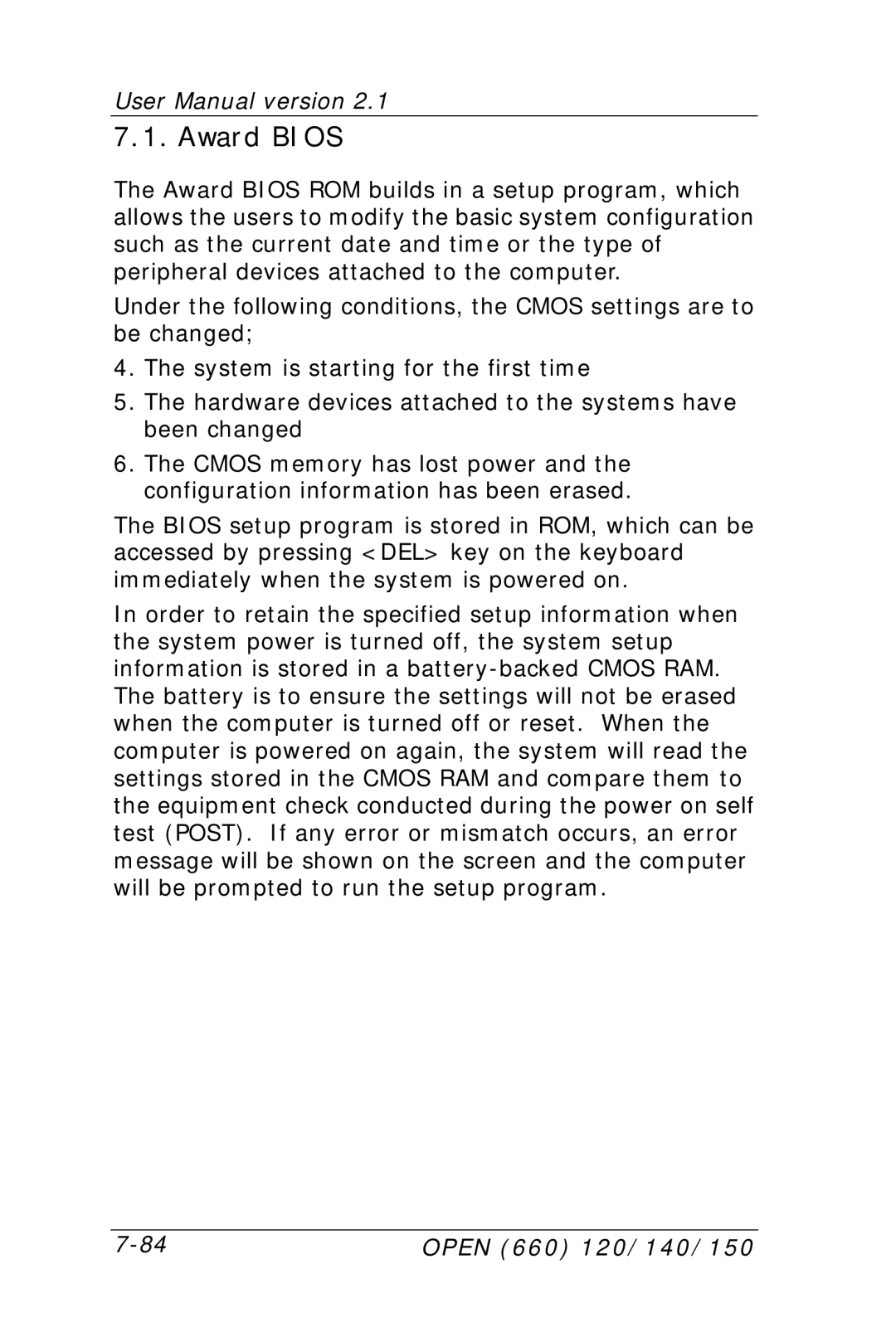 Intel OPEN (660) 120/140/150 II user manual Award Bios 