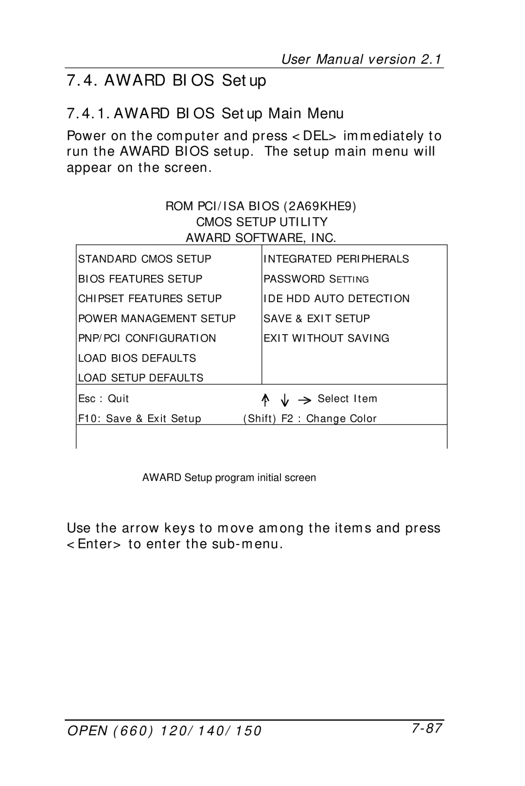 Intel OPEN (660) 120/140/150 II user manual Award Bios Setup Main Menu 