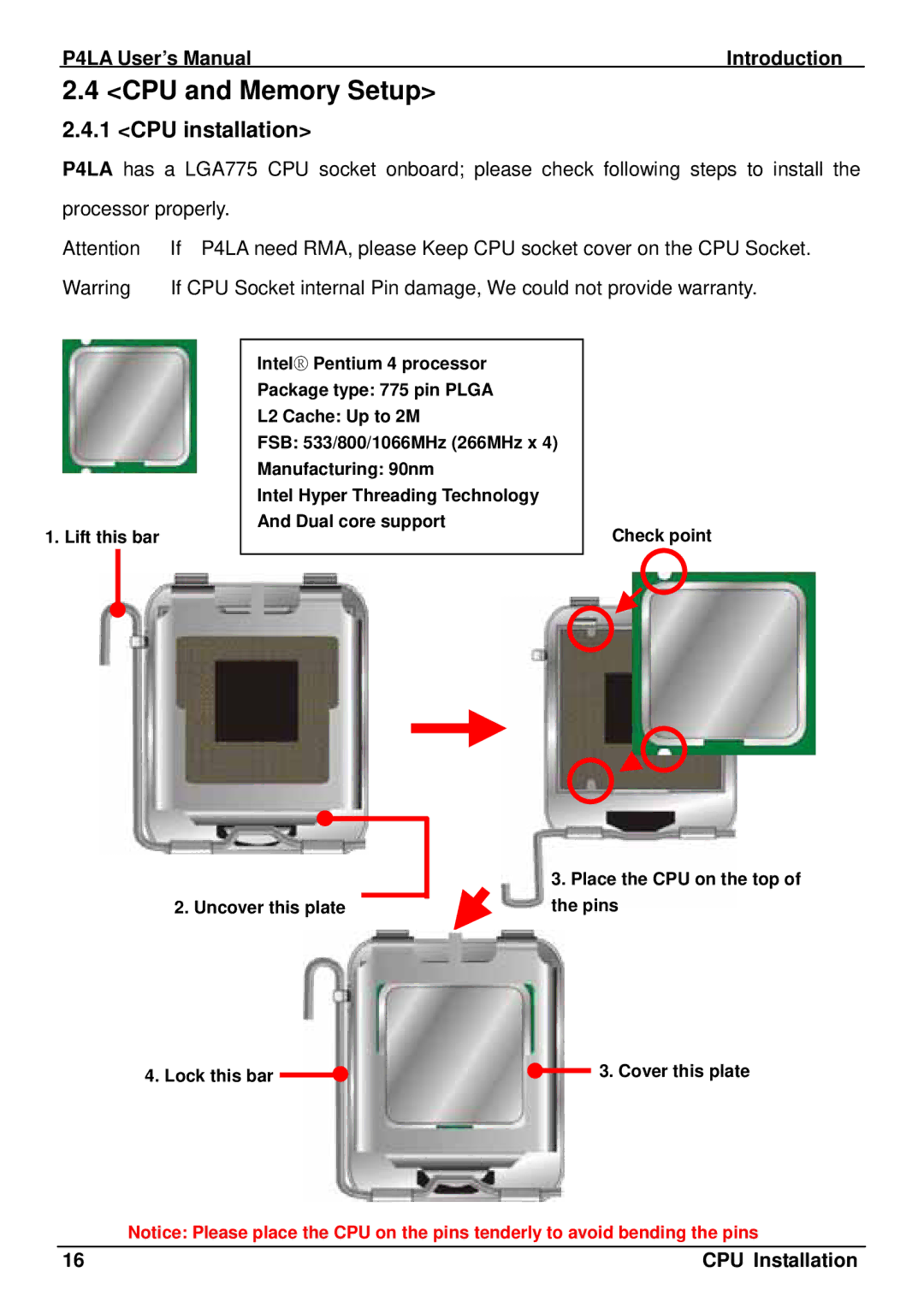 Intel P4LA user manual CPU and Memory Setup, CPU installation, CPU Installation 