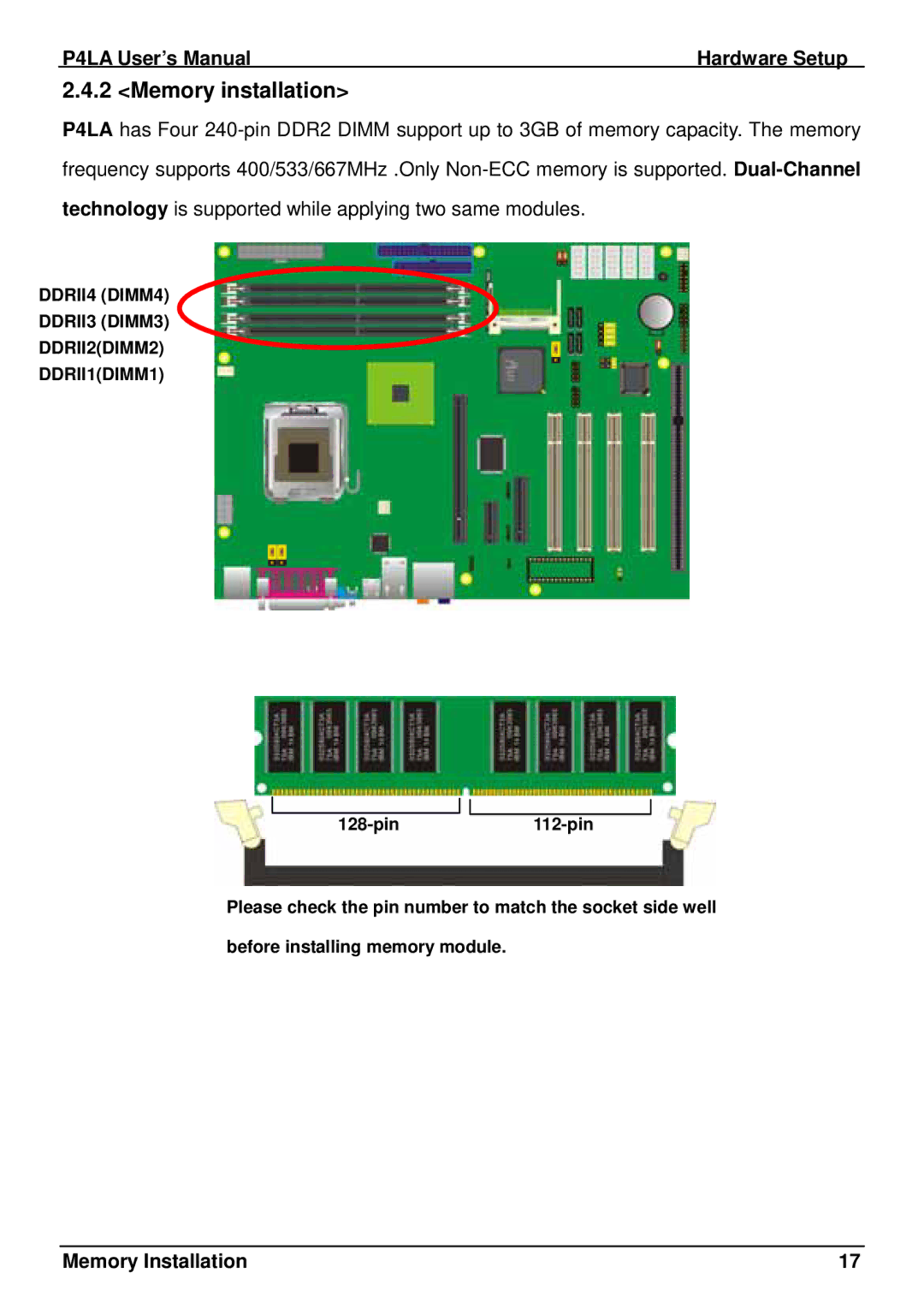 Intel P4LA user manual Memory installation, Memory Installation 