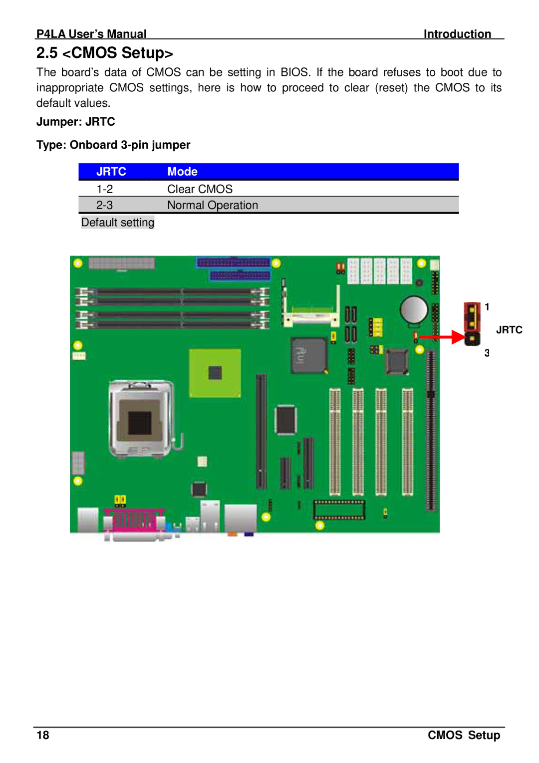 Intel P4LA user manual Cmos Setup, Jumper Jrtc Type Onboard 3-pin jumper, Mode 