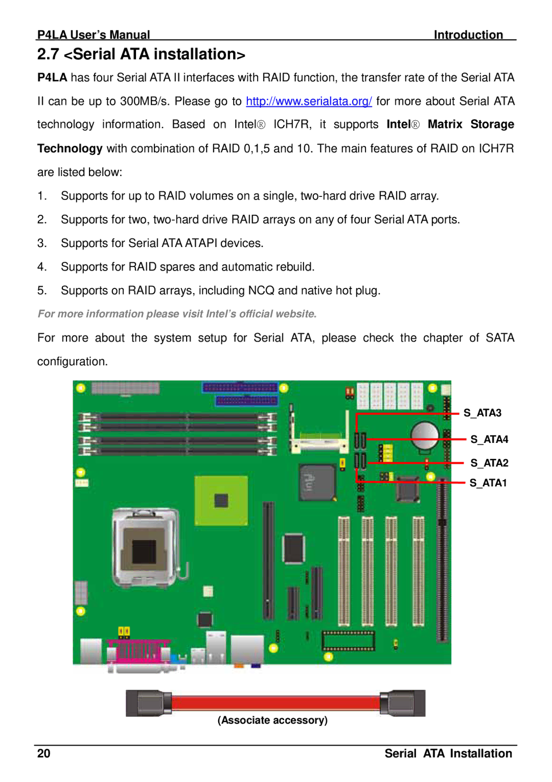 Intel P4LA user manual Serial ATA installation, Serial ATA Installation 