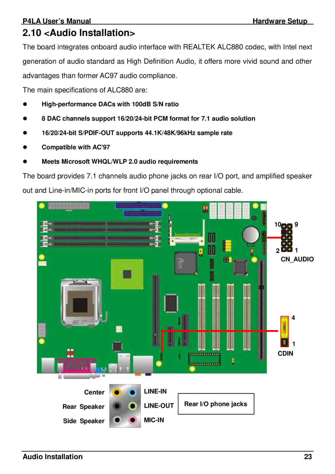 Intel P4LA user manual Audio Installation 