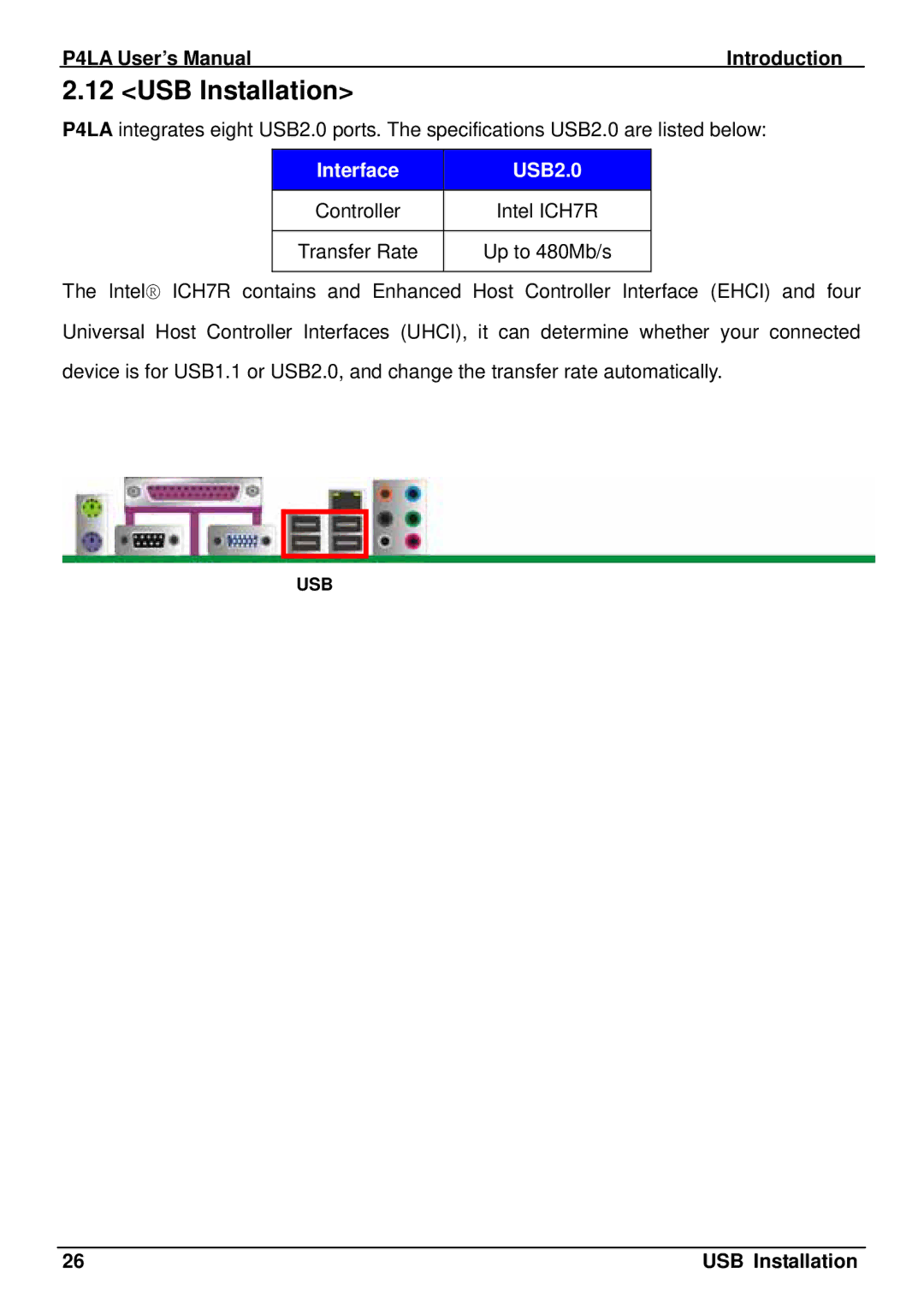 Intel P4LA user manual USB Installation, Interface USB2.0 