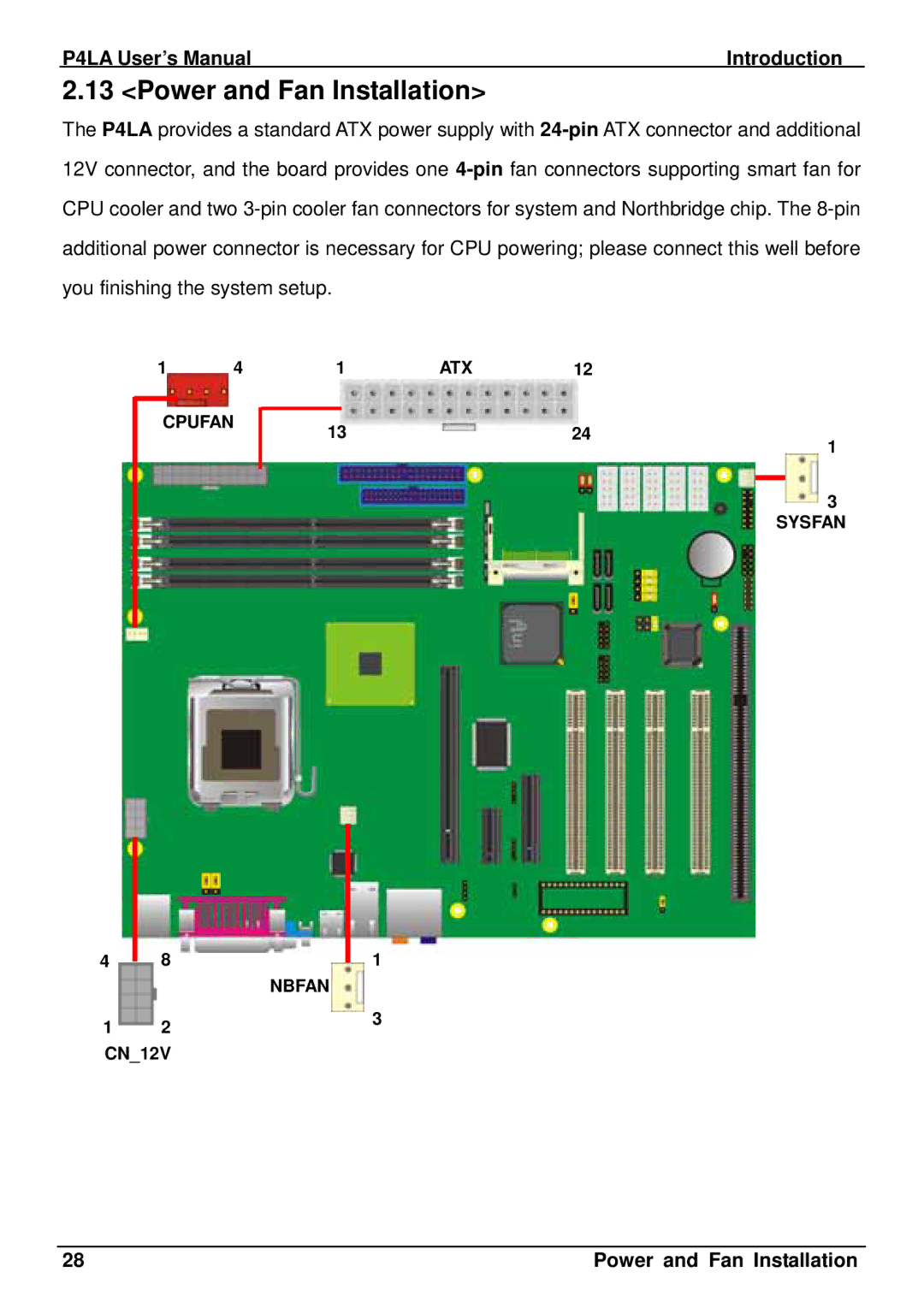 Intel P4LA user manual Power and Fan Installation 