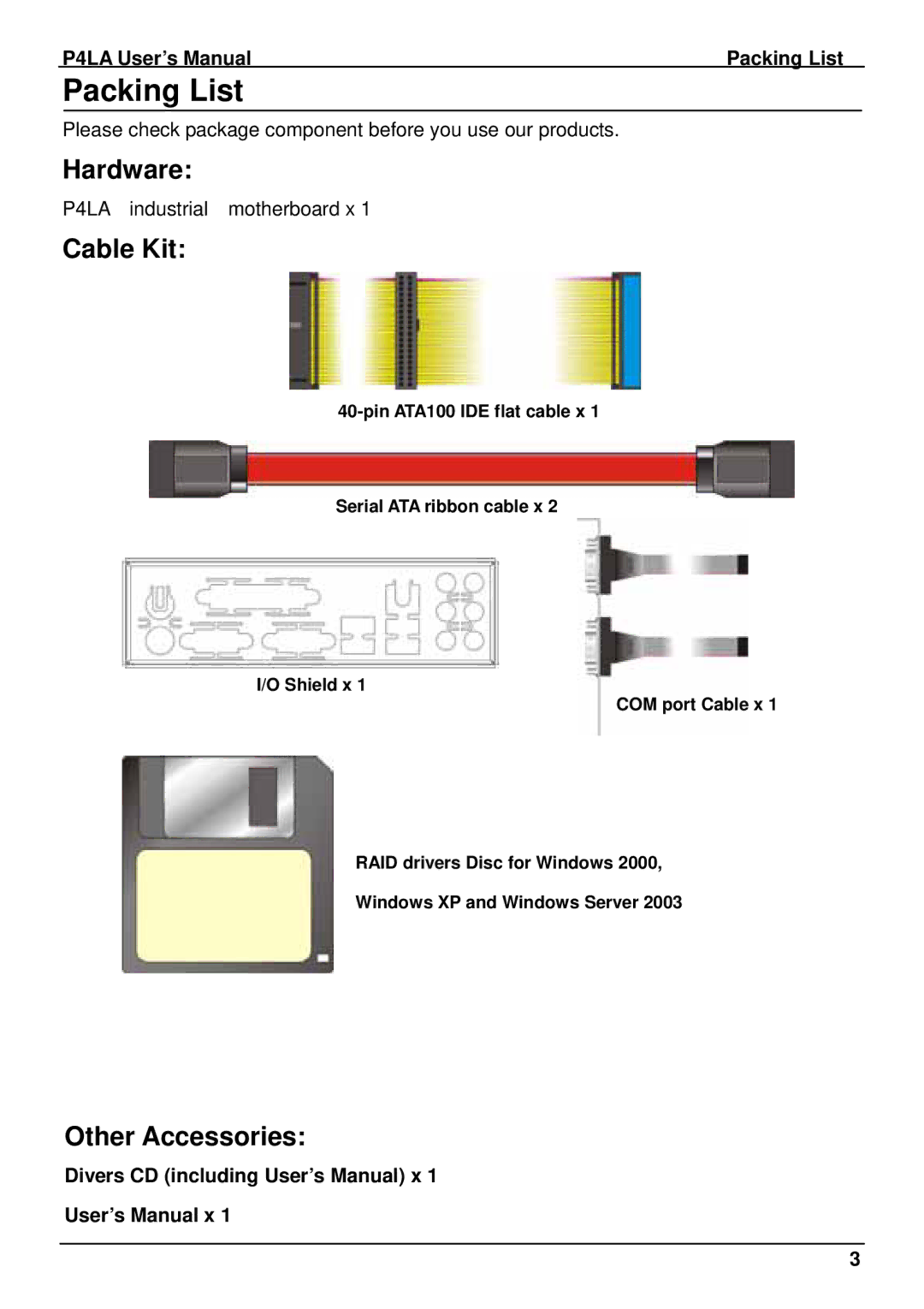 Intel P4LA user manual Packing List, Hardware, Cable Kit, Other Accessories 