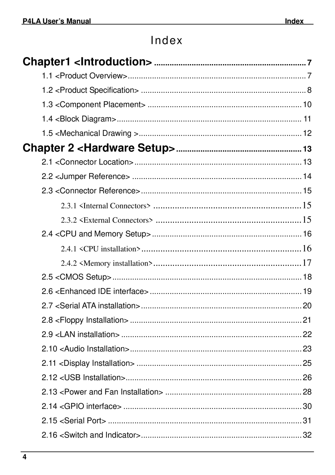 Intel user manual P4LA User’s Manual Index, Introduction, Hardware Setup 