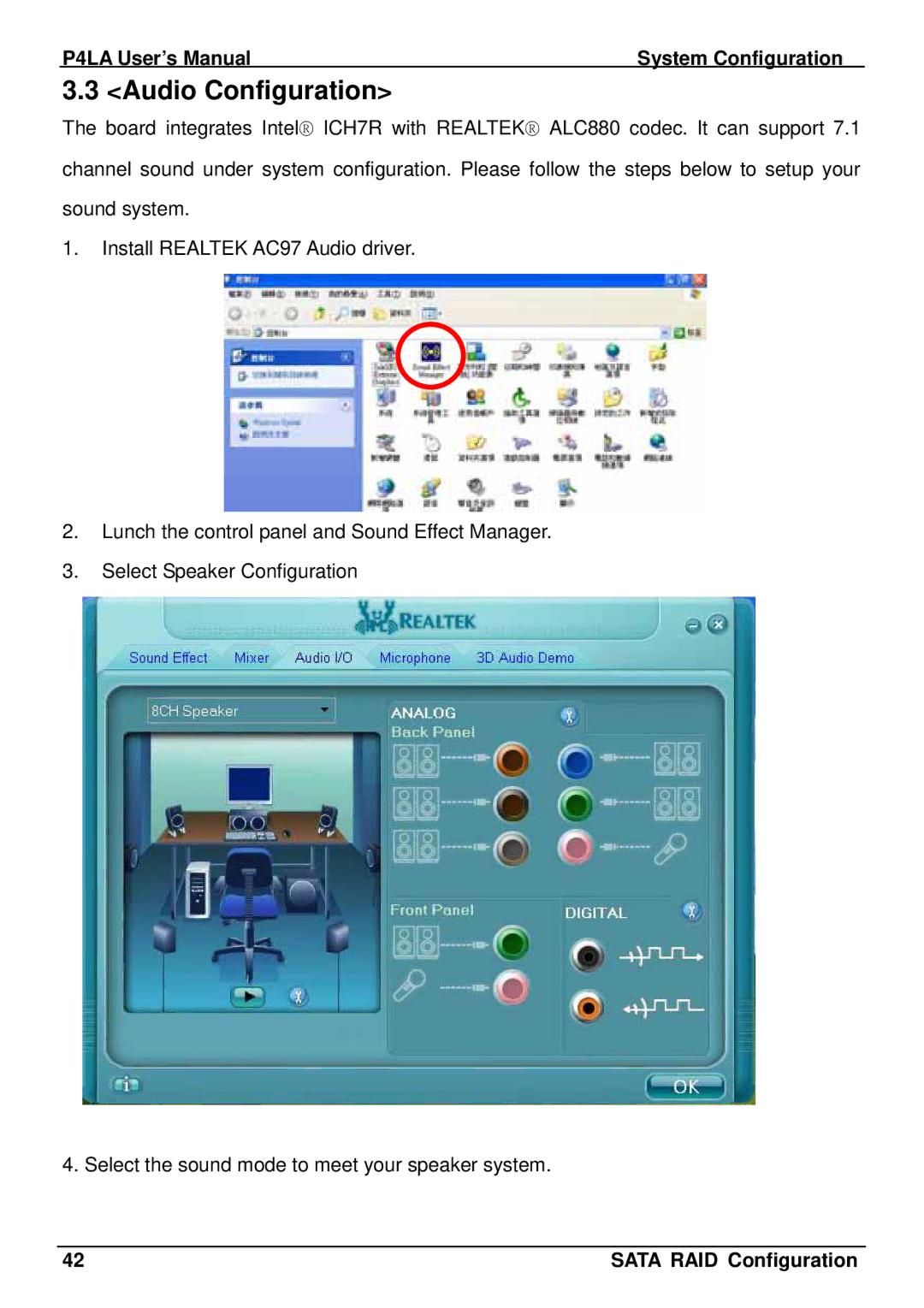 Intel P4LA user manual Audio Configuration 