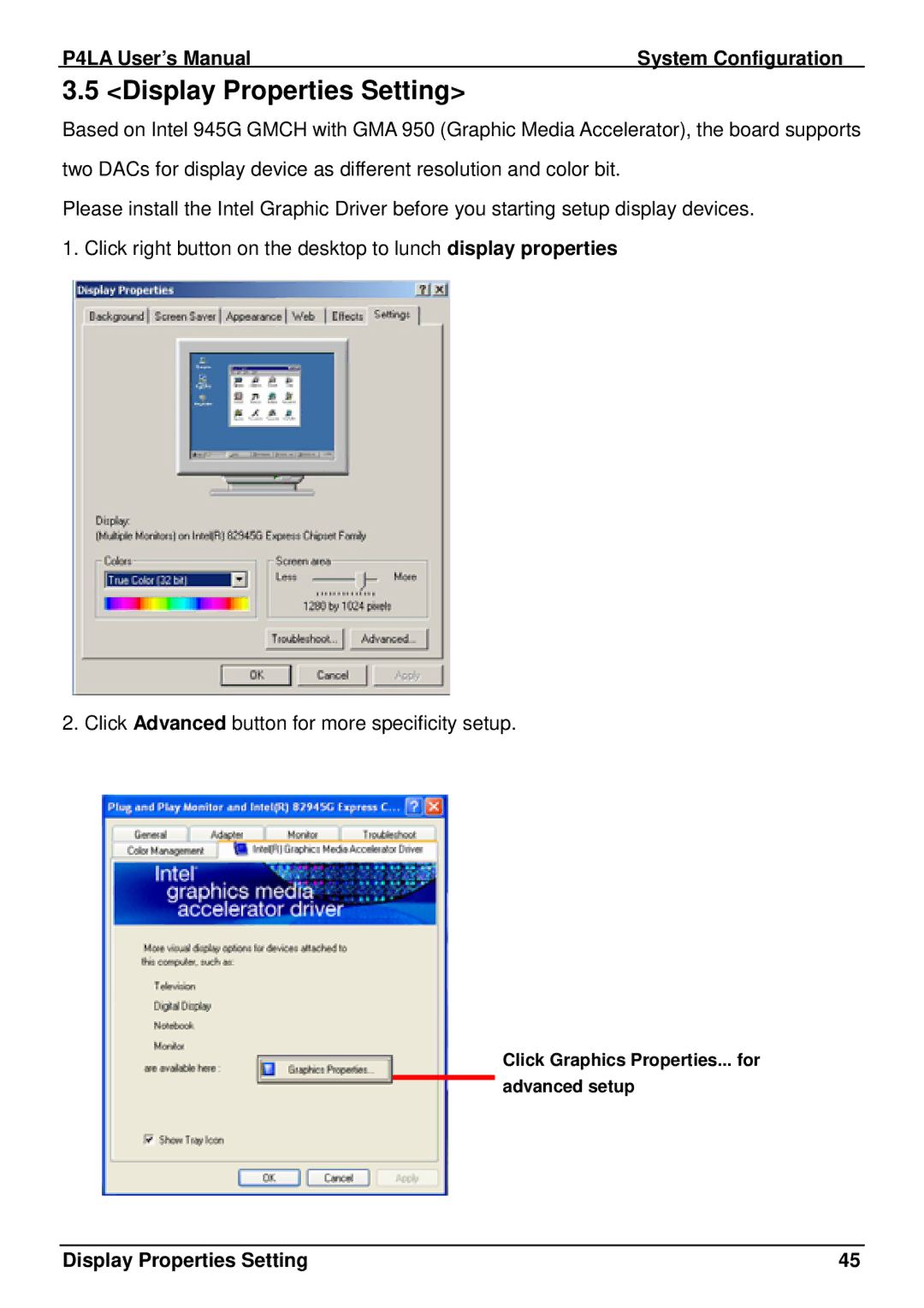 Intel P4LA user manual Display Properties Setting 