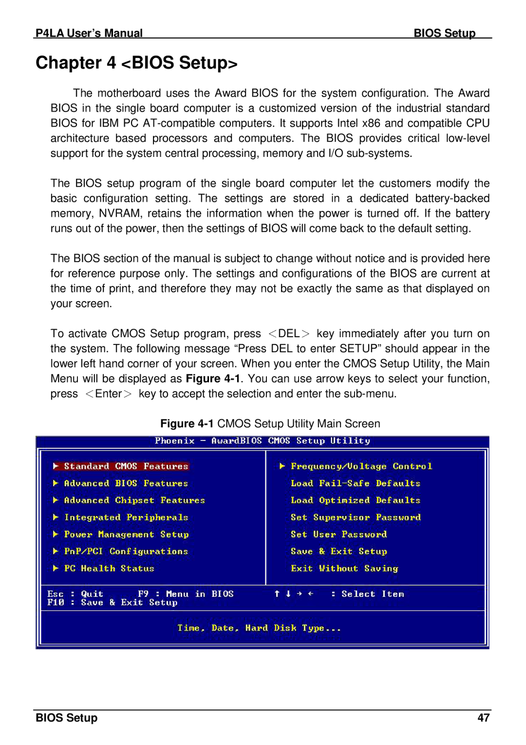 Intel user manual P4LA User’s Manual Bios Setup 