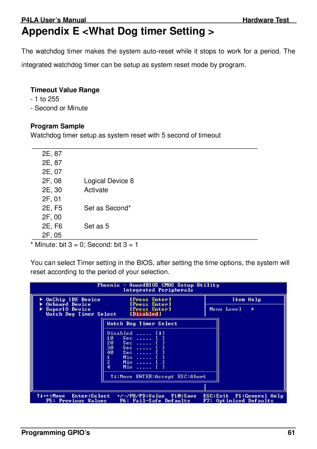 Intel Appendix E What Dog timer Setting, P4LA User’s Manual Hardware Test, Timeout Value Range, Program Sample 