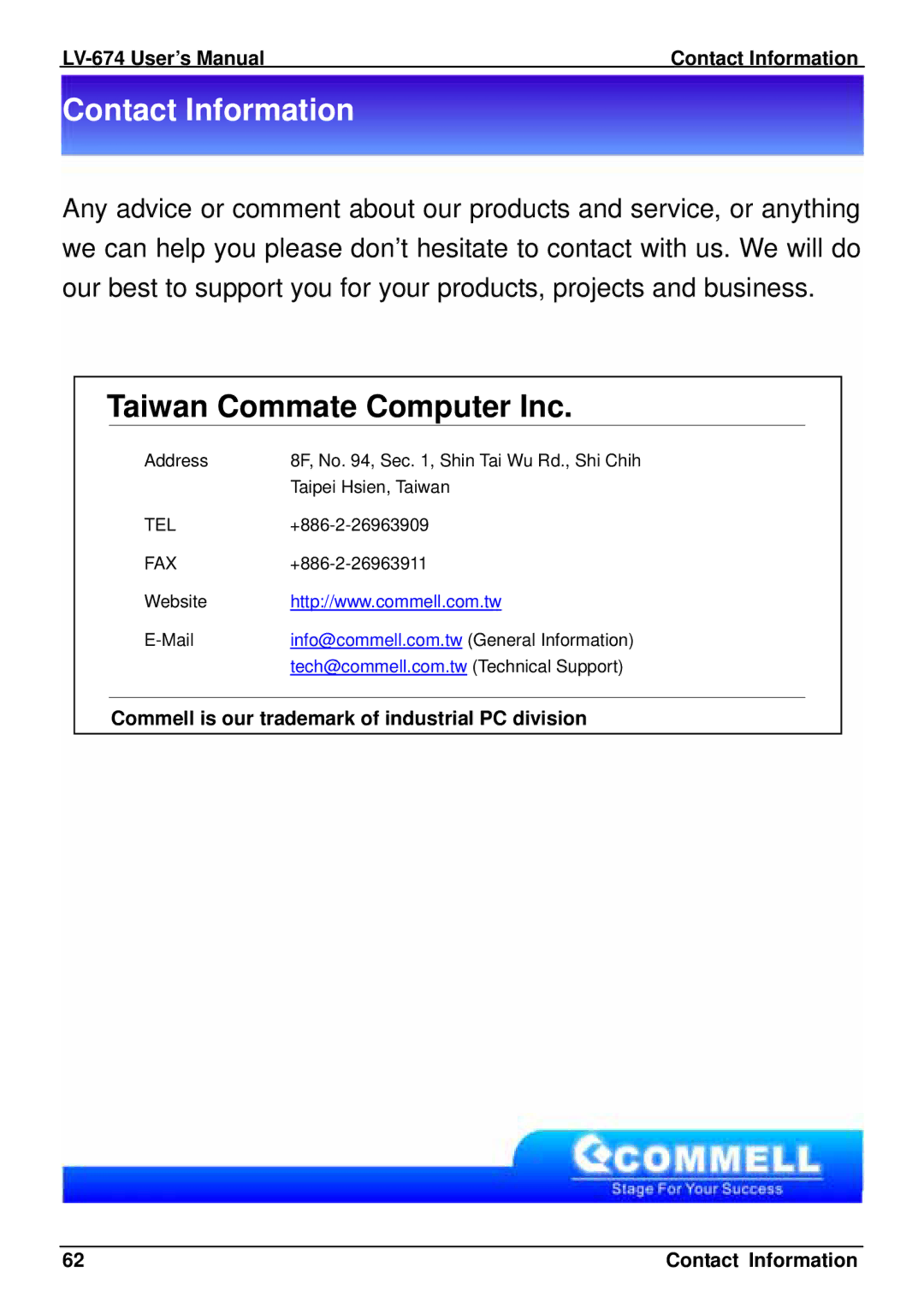 Intel P4LA user manual Taiwan Commate Computer Inc, LV-674 User’s Manual Contact Information 