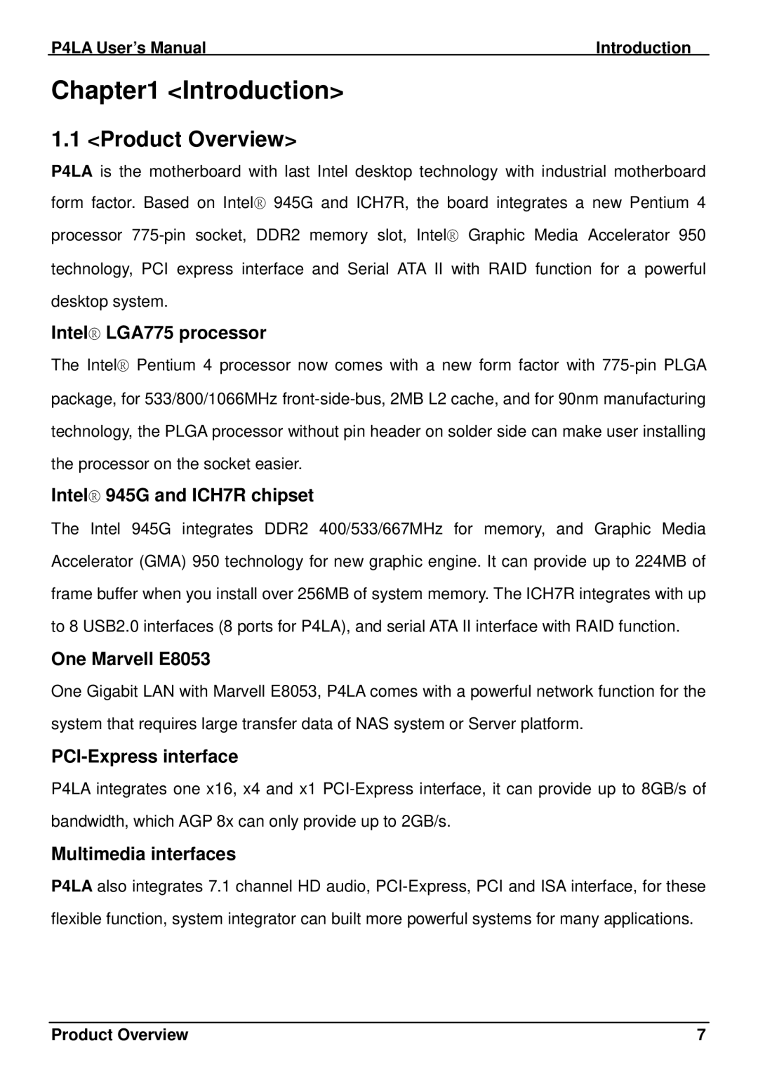 Intel P4LA user manual Introduction, Product Overview 