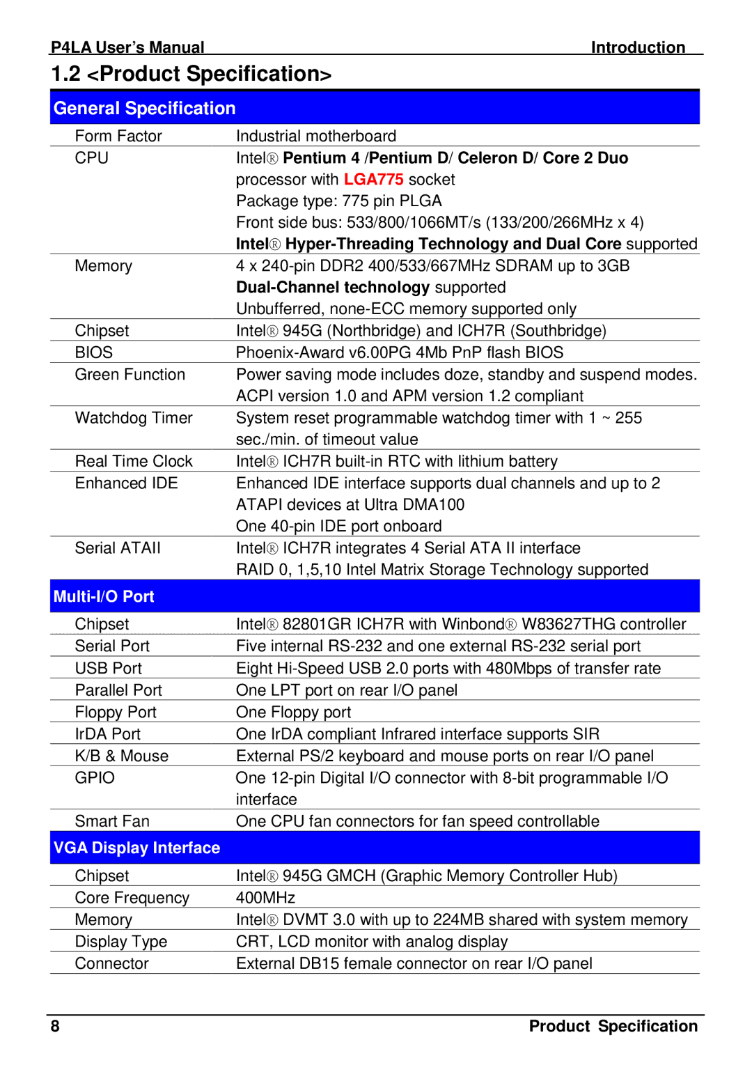 Intel P4LA user manual Product Specification, Multi-I/O Port, VGA Display Interface 