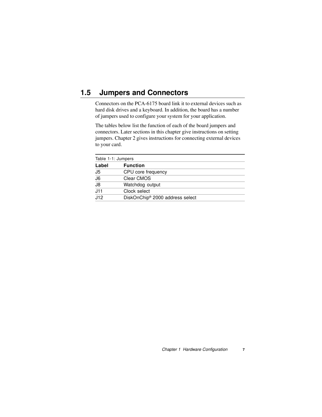 Intel PCA-6175 manual Jumpers and Connectors, Label Function 