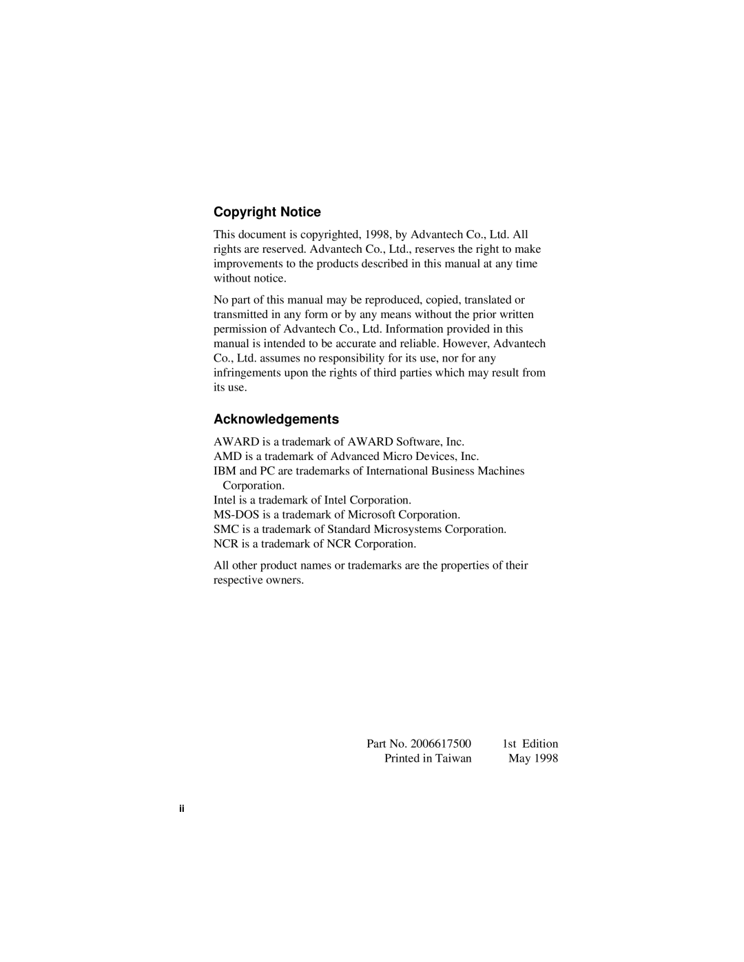 Intel PCA-6175 manual Copyright Notice Acknowledgements 