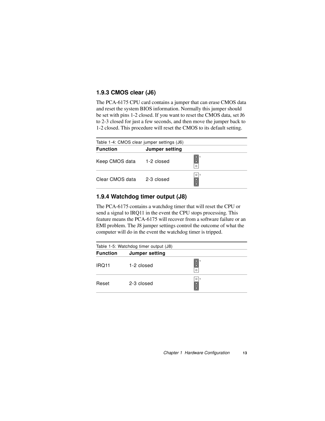 Intel PCA-6175 manual Cmos clear J6, Watchdog timer output J8 