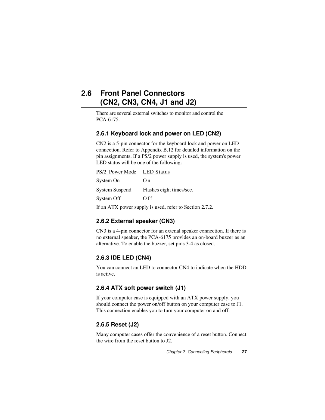 Intel PCA-6175 manual Front Panel Connectors CN2, CN3, CN4, J1 and J2 