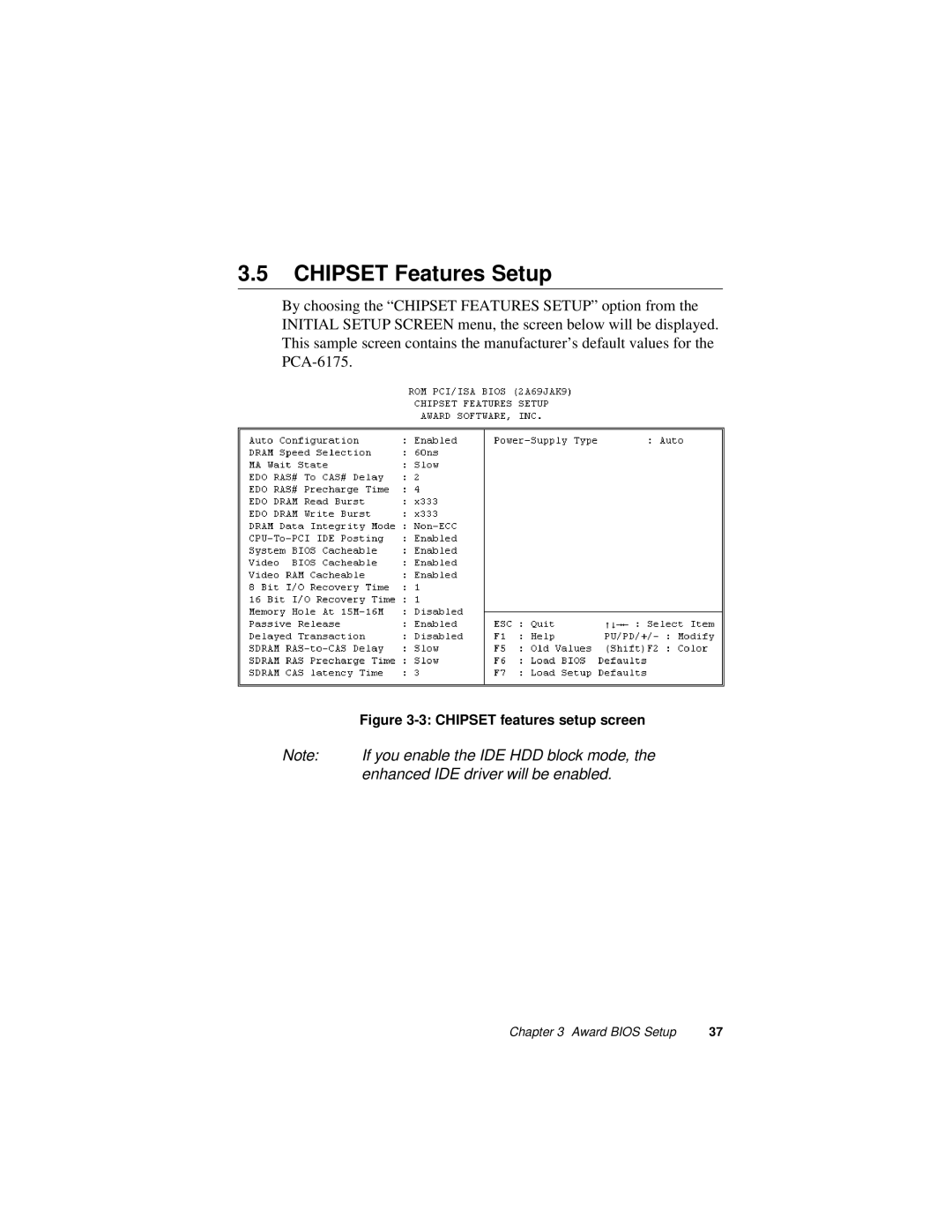 Intel PCA-6175 manual Chipset Features Setup, Chipset features setup screen 