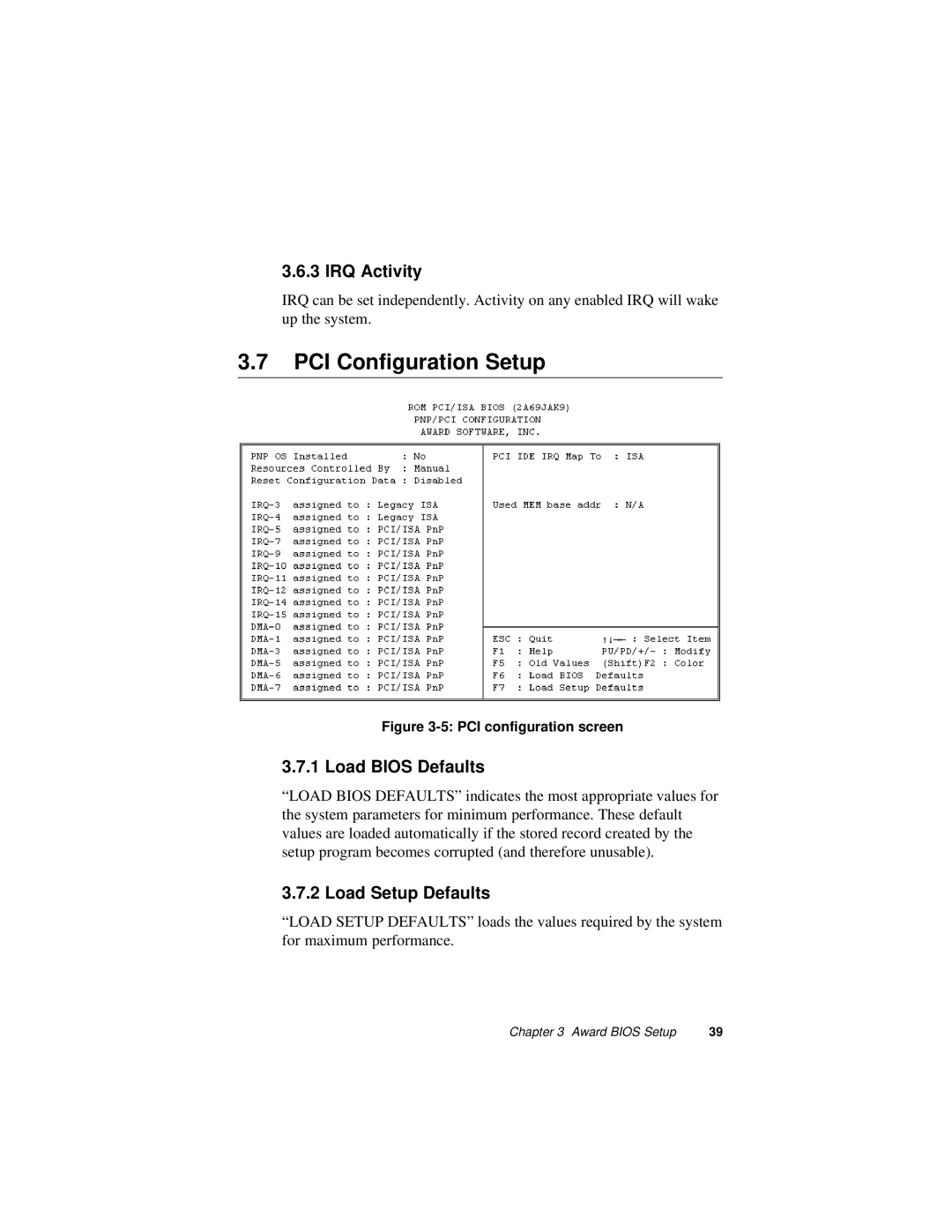 Intel PCA-6175 manual PCI Configuration Setup, IRQ Activity, Load Bios Defaults, Load Setup Defaults 