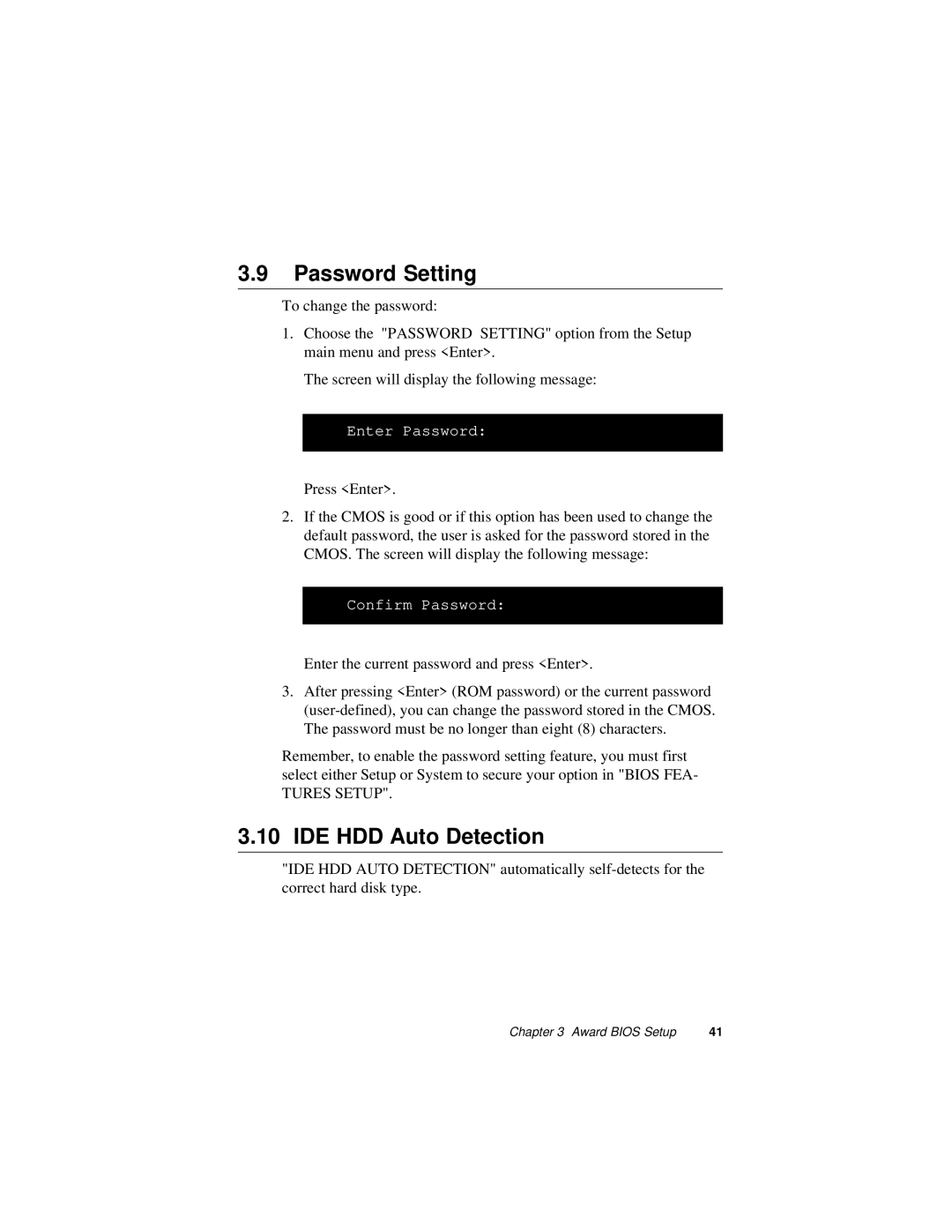 Intel PCA-6175 manual Password Setting, IDE HDD Auto Detection 