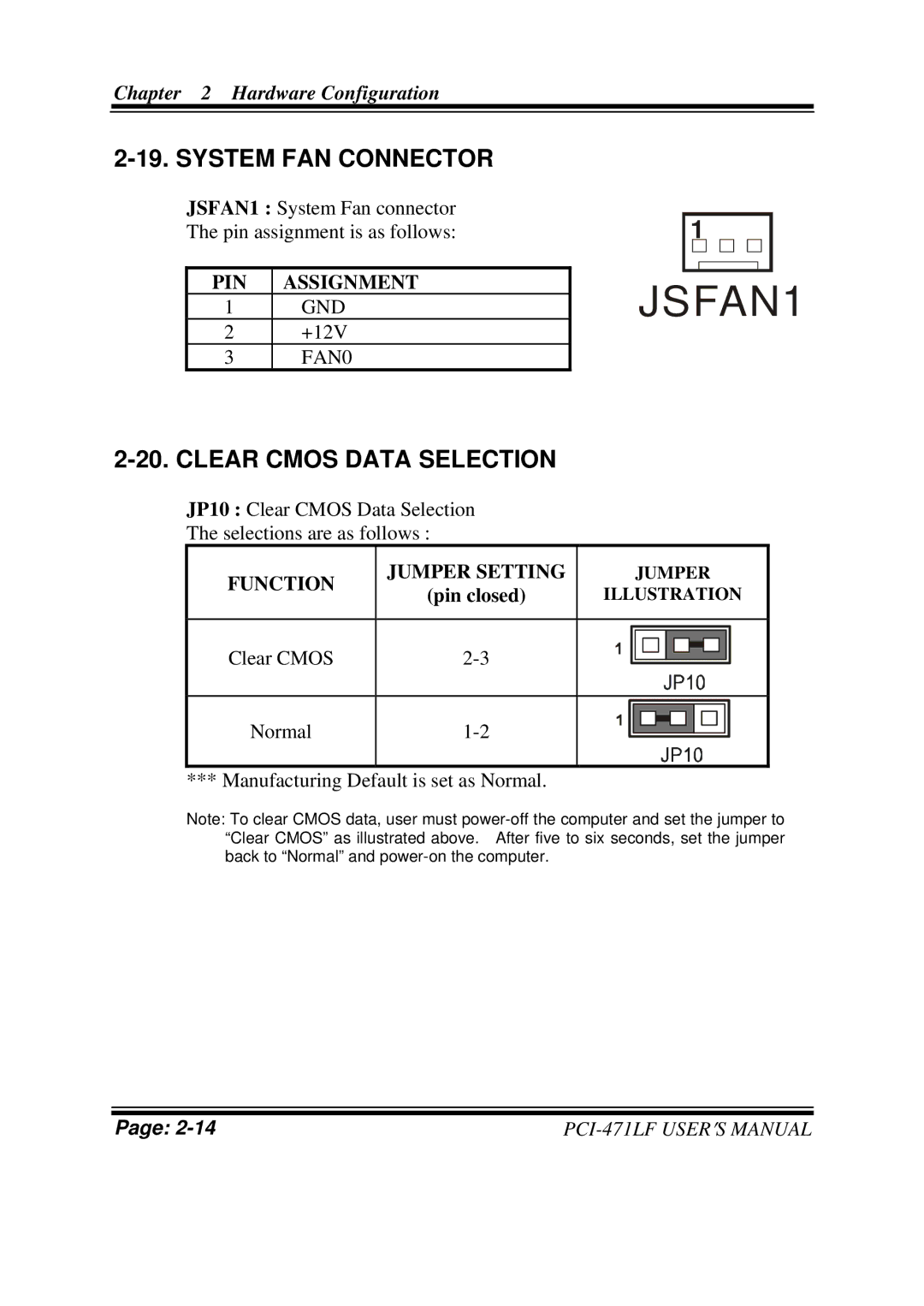 Intel Celeron M Half Size CPU Card With VGA/LAN, PCI-471LF M2 user manual System FAN Connector, Clear Cmos Data Selection 