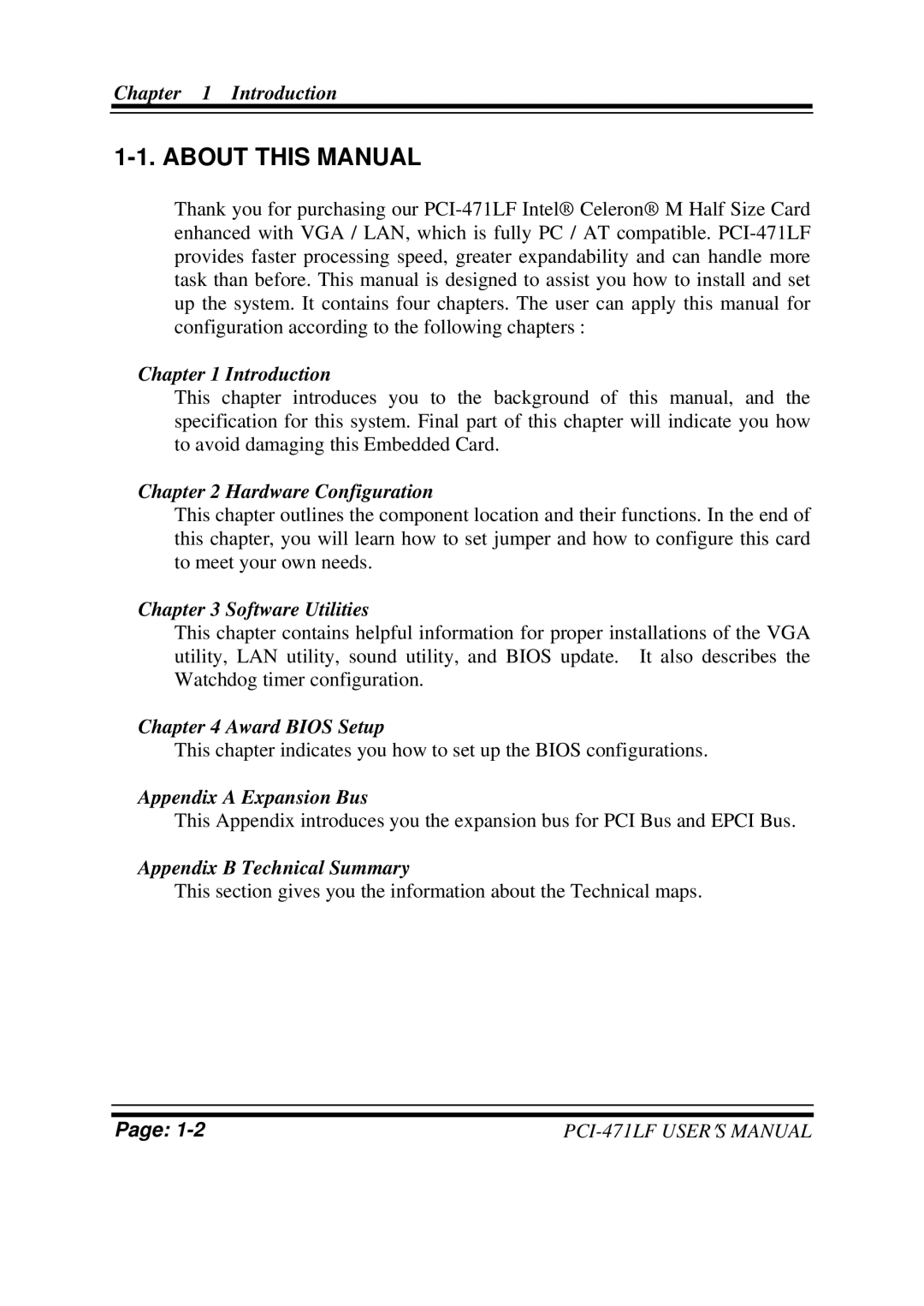 Intel PCI-471LF M2, Celeron M Half Size CPU Card With VGA/LAN user manual About this Manual, Hardware Configuration 