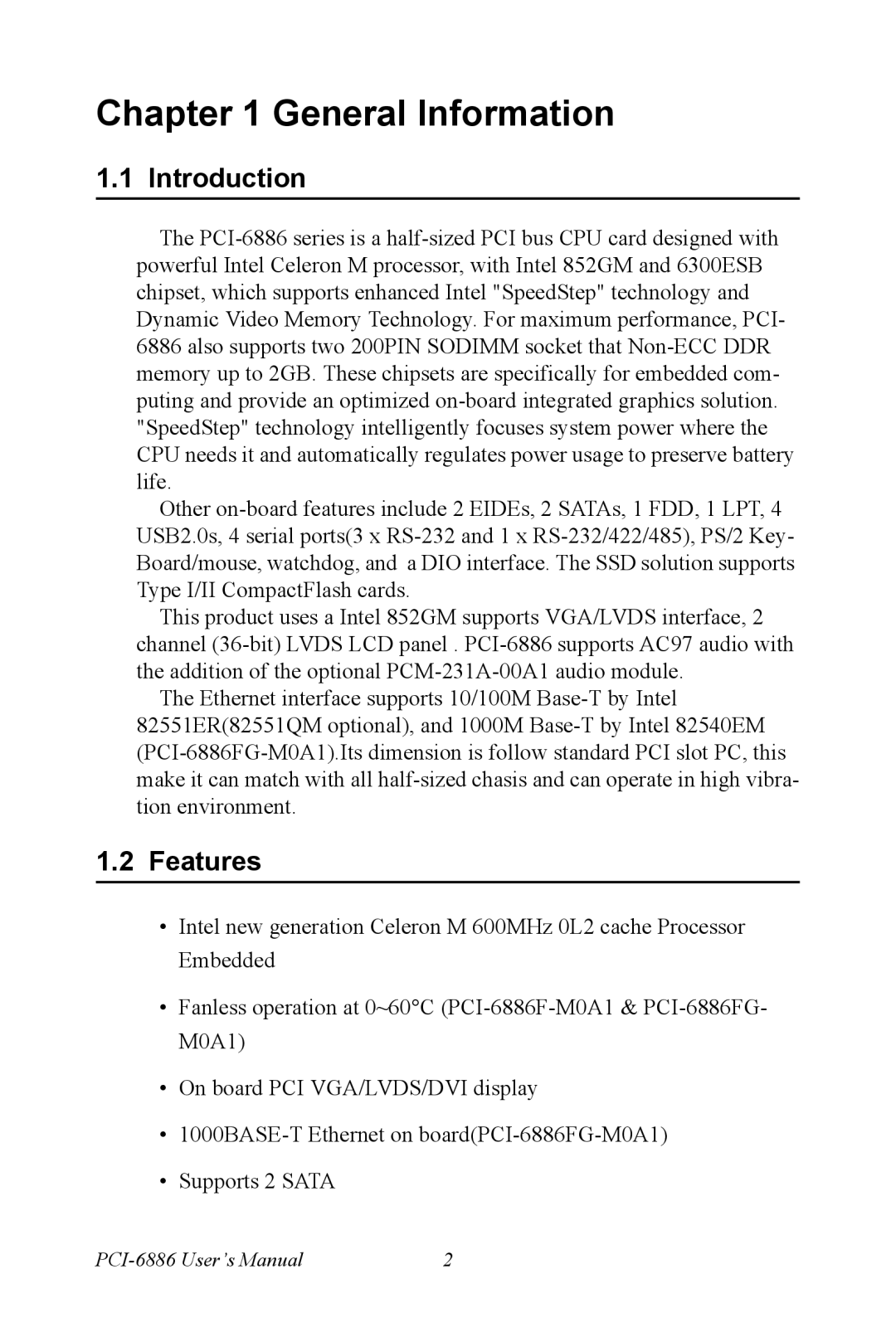 Intel PCI-6886 user manual Introduction, Features 