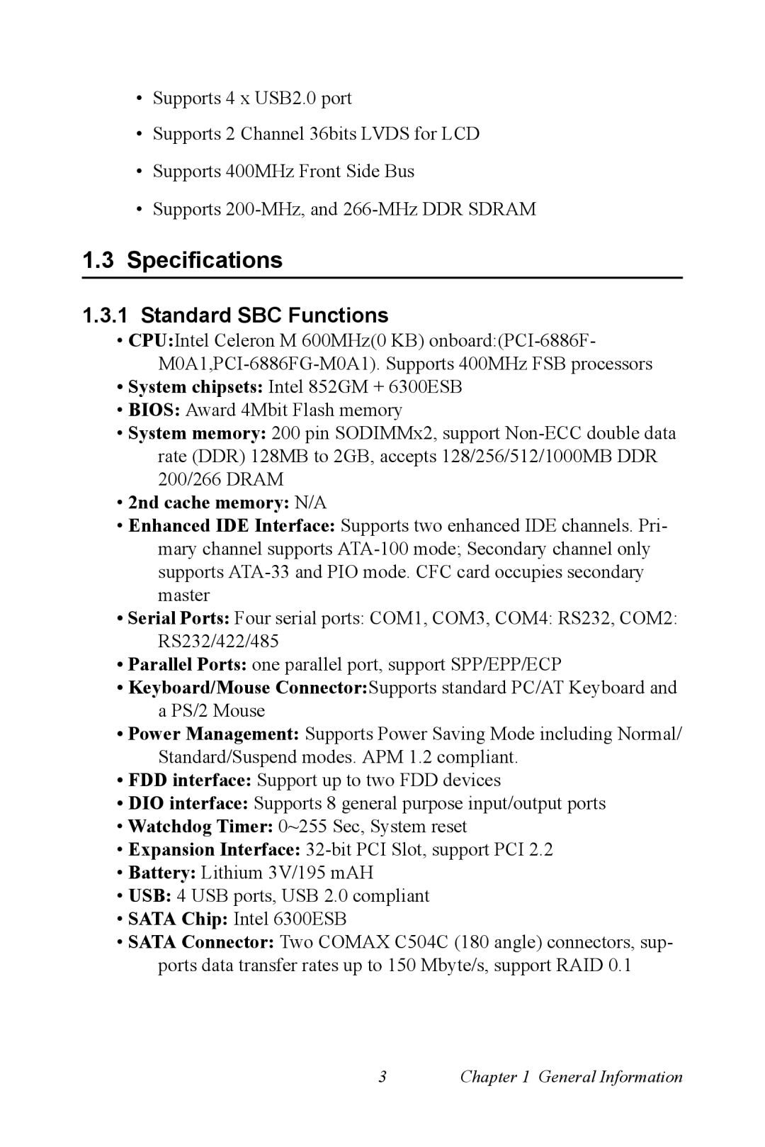 Intel PCI-6886 user manual Specifications, Standard SBC Functions 