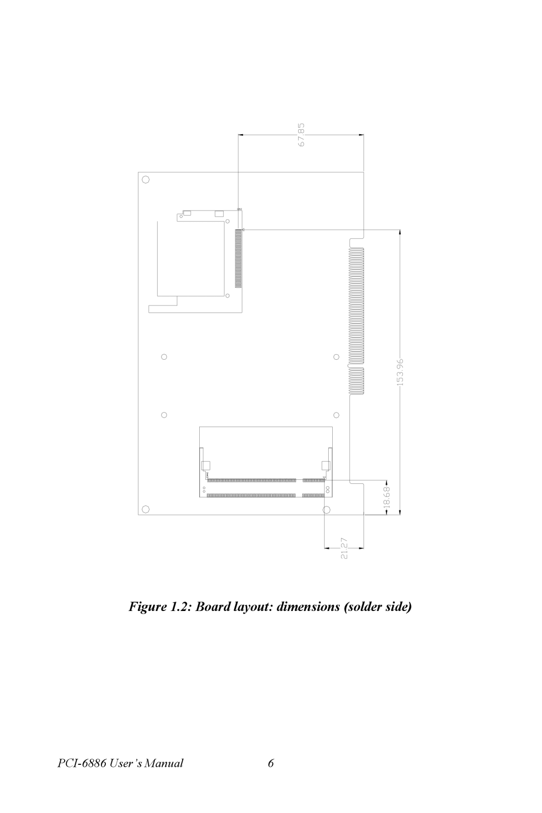 Intel PCI-6886 user manual Board layout dimensions solder side 