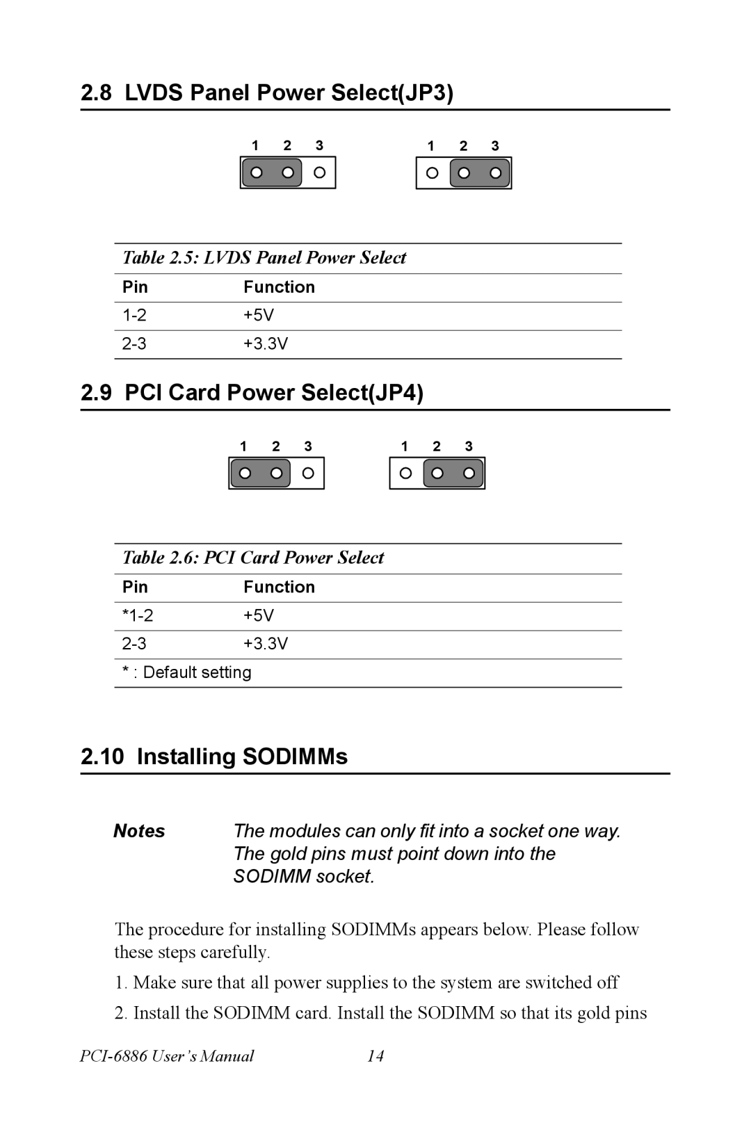 Intel PCI-6886 user manual Lvds Panel Power SelectJP3, PCI Card Power SelectJP4, Installing SODIMMs, Pin Function 