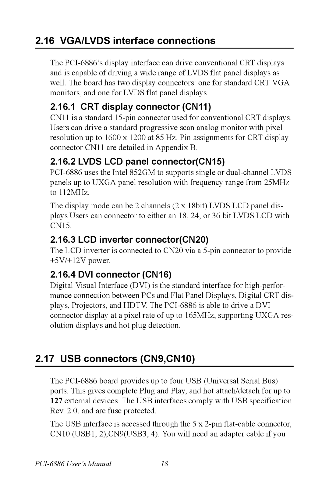 Intel PCI-6886 user manual 16 VGA/LVDS interface connections, USB connectors CN9,CN10 