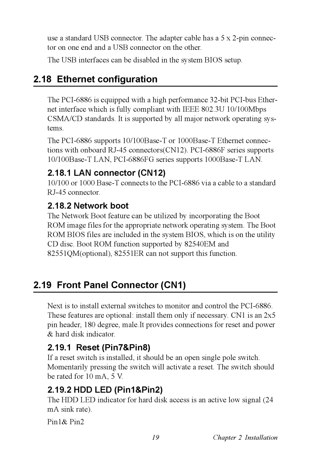 Intel PCI-6886 user manual Ethernet configuration, Front Panel Connector CN1 