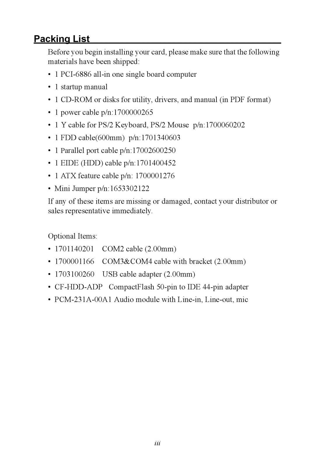 Intel PCI-6886 user manual Packing List 