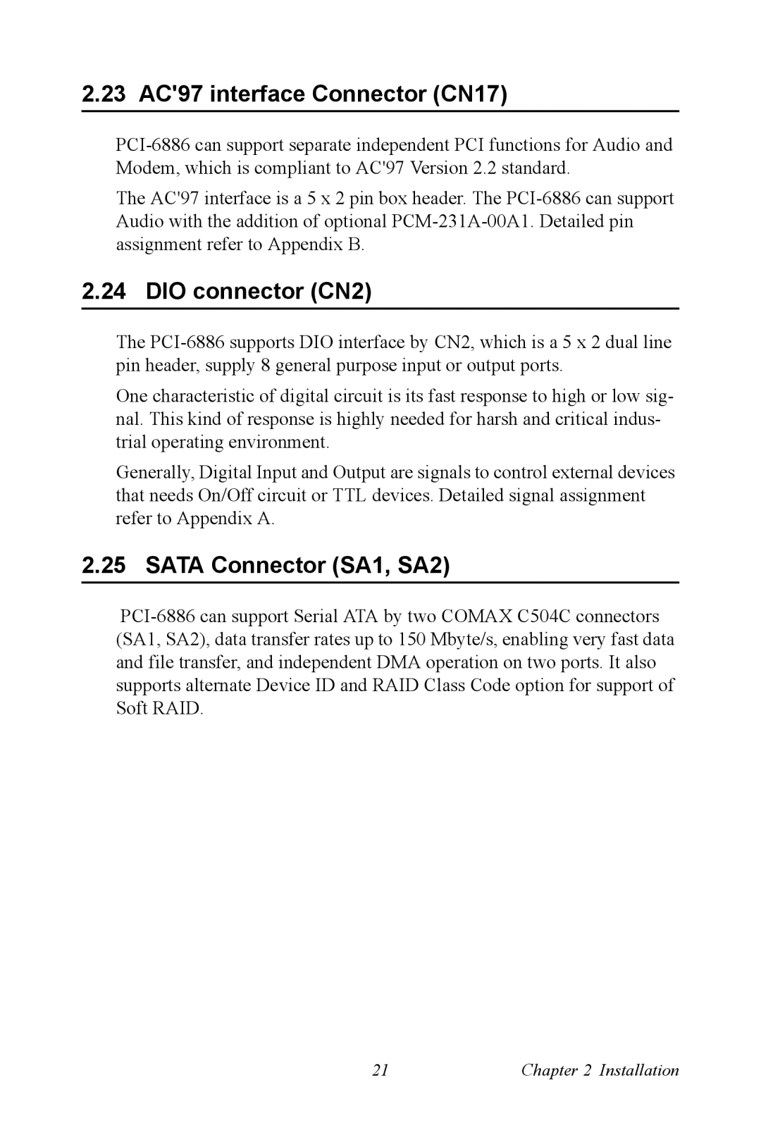 Intel PCI-6886 user manual 23 AC97 interface Connector CN17, DIO connector CN2, Sata Connector SA1, SA2 