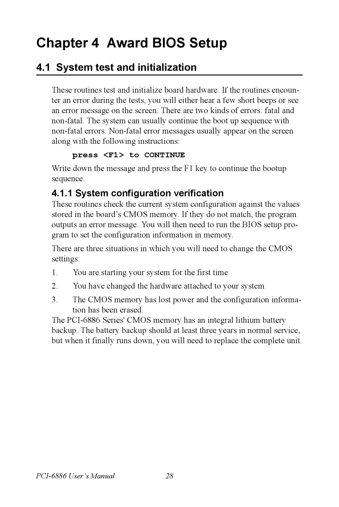 Intel PCI-6886 user manual System test and initialization, System configuration verification 