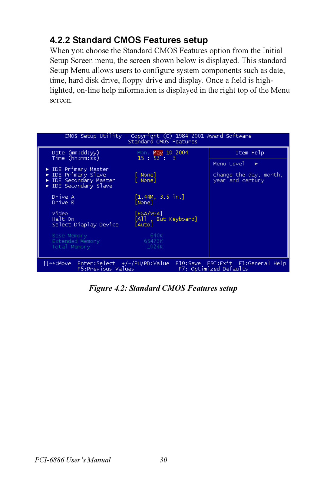 Intel PCI-6886 user manual Standard Cmos Features setup 