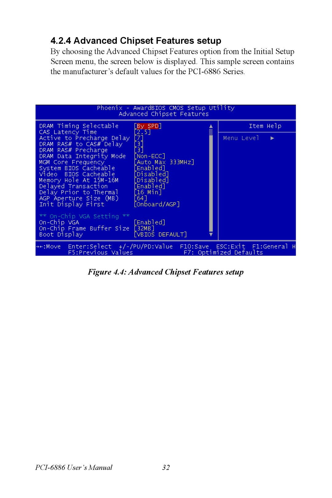 Intel PCI-6886 user manual Advanced Chipset Features setup 