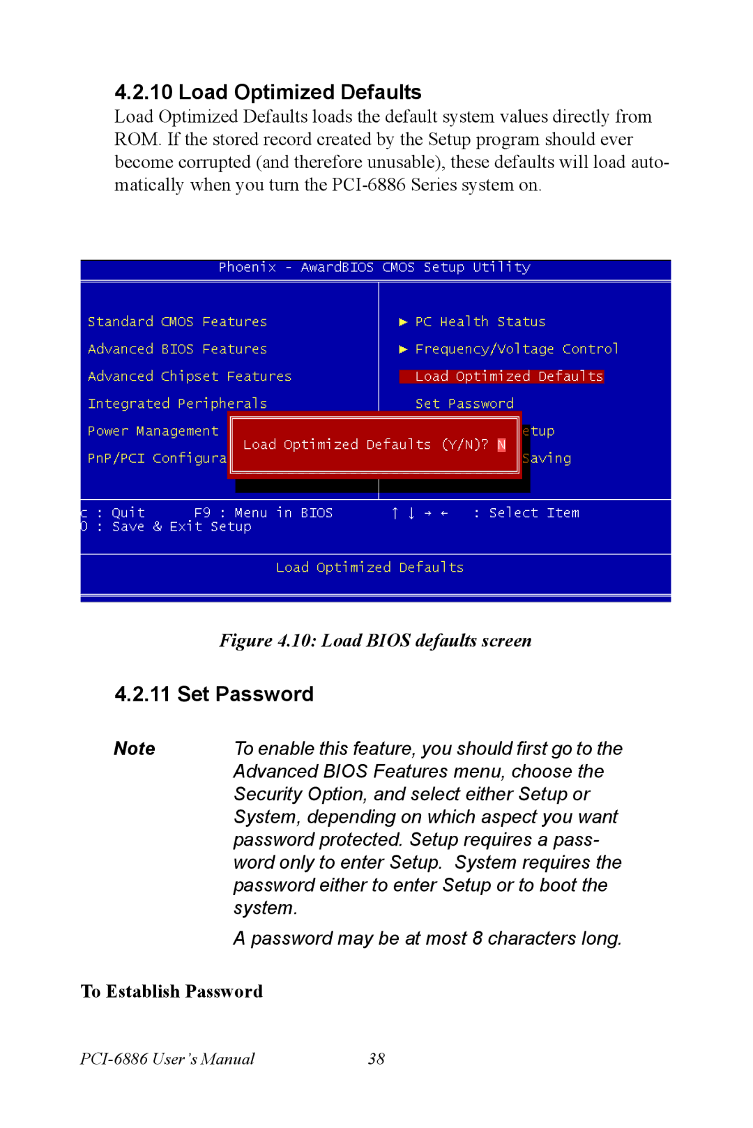 Intel PCI-6886 user manual Load Optimized Defaults, Set Password 