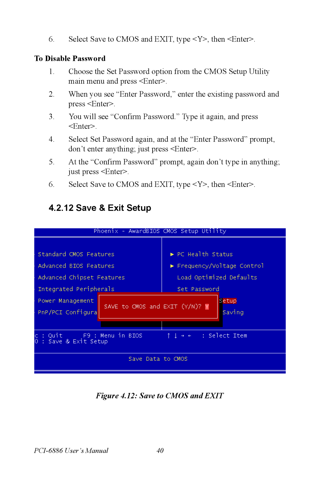 Intel PCI-6886 user manual Save & Exit Setup, To Disable Password 