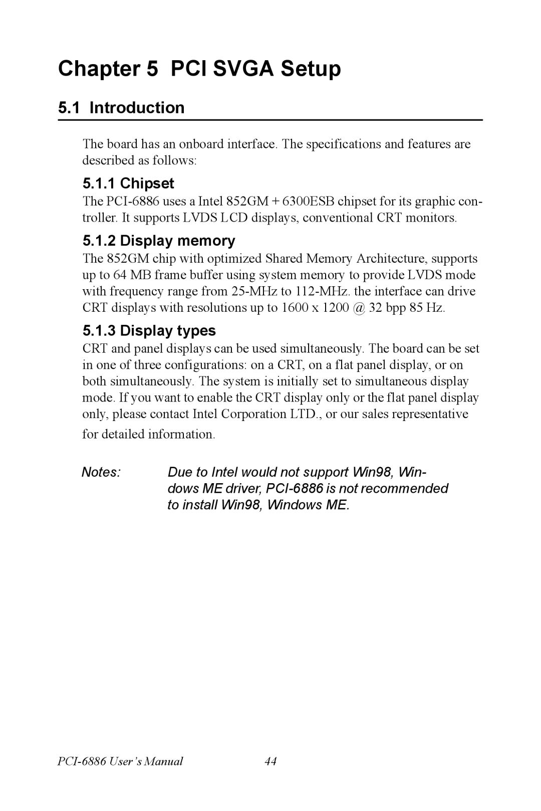 Intel PCI-6886 user manual Chipset, Display memory, Display types 