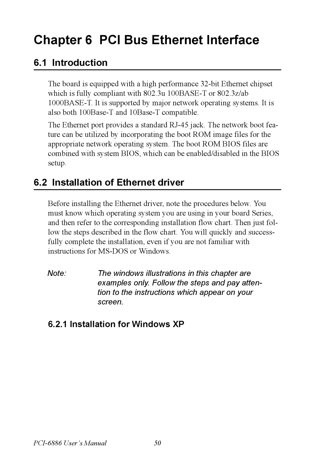 Intel PCI-6886 user manual PCI Bus Ethernet Interface, Installation of Ethernet driver, Installation for Windows XP 