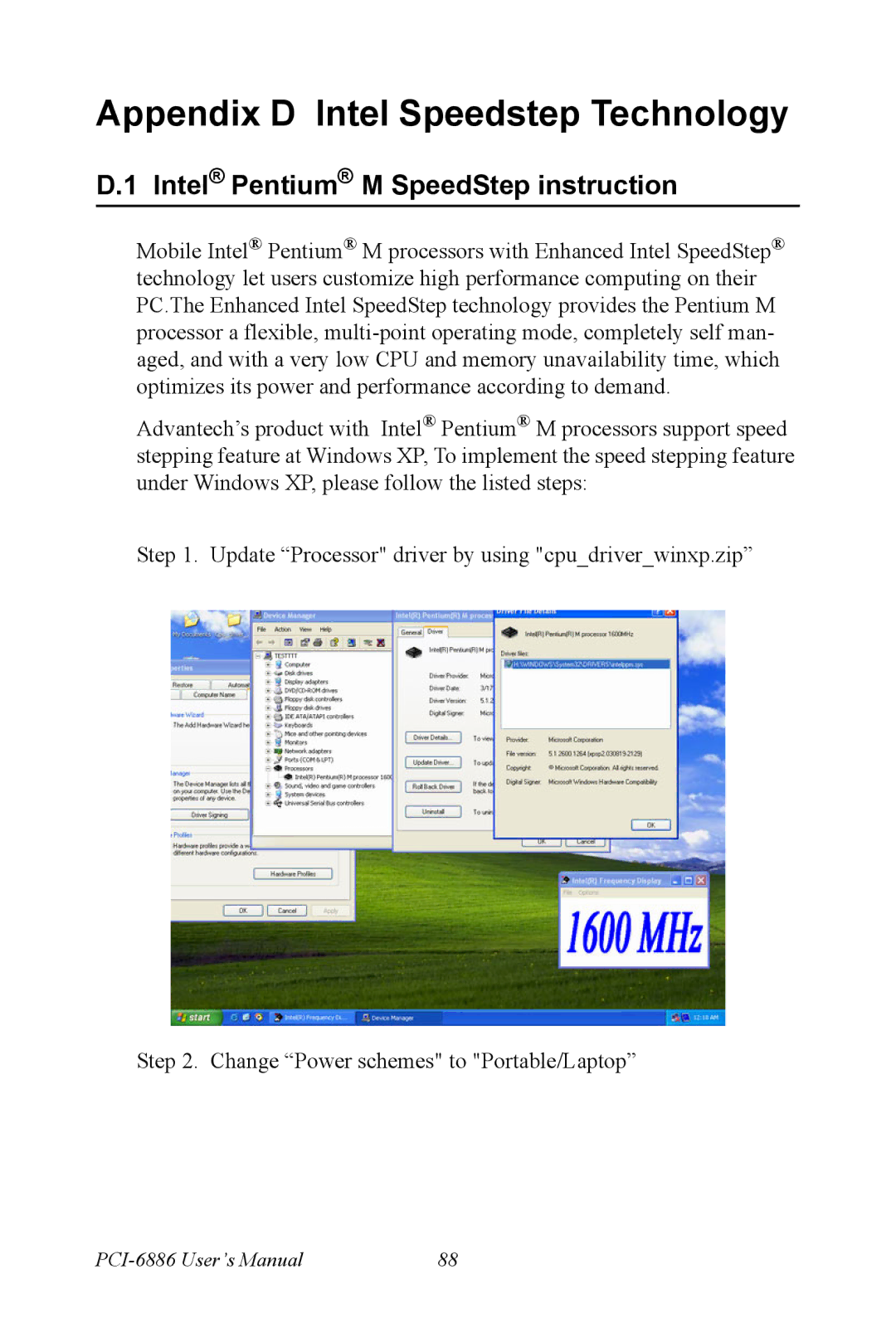 Intel PCI-6886 user manual Appendix D Intel Speedstep Technology, Intel Pentium M SpeedStep instruction 